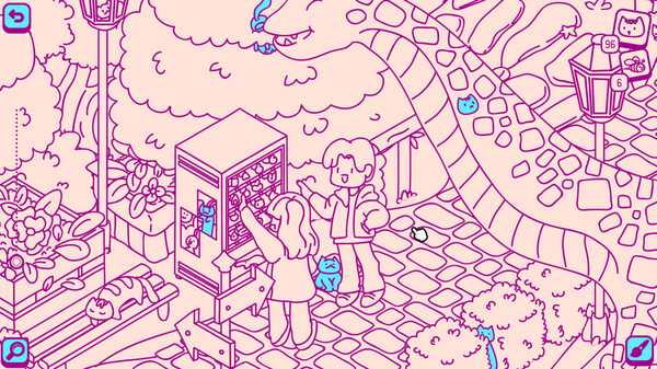 A whimsical, pink-toned scene from Cats & Seek - Dino Park, where two characters stand by a vending machine in a charming, cat-filled environment. A large dinosaur with a patterned back weaves through the background, blending into the playful scenery. Hidden cats peek from various spots, including the lamppost and bushes, while a relaxed feline lounges on a bench. The isometric, hand-drawn art style gives the scene a cozy, puzzle-like feel. Published on: LadiesGamers.