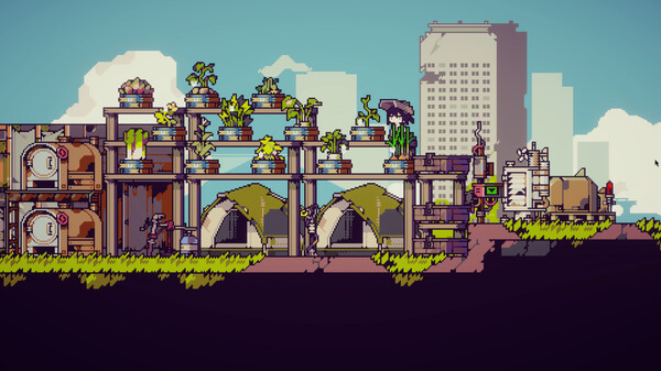 A pixel art side-scrolling scene from Doloc Town, showcasing a futuristic settlement with lush greenery growing on rooftops and balconies. The buildings have a mix of industrial and organic design, featuring dome-shaped tents, hydroponic plant systems, and robotic inhabitants. In the background, a towering modern skyscraper looms over the settlement, with a bright blue sky and scattered clouds. The environment blends technology with nature, creating a post-apocalyptic yet hopeful atmosphere. Published on: LadiesGamers.