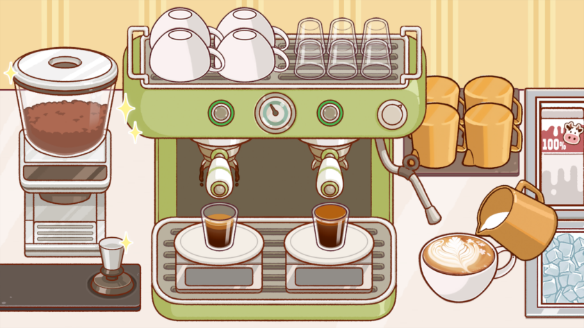 A cozy café scene from Good Coffee, Great Coffee, featuring a vintage green espresso machine brewing two fresh shots of espresso. A grinder filled with coffee beans sits to the left, while a golden milk pitcher pours steamed milk into a cup, creating delicate latte art. Shelves are lined with neatly stacked cups and glasses, and a fridge in the background displays a milk carton marked "100%." The warm, inviting colors and sparkling details give the scene a charming and satisfying aesthetic. Published on: LadiesGamers.
