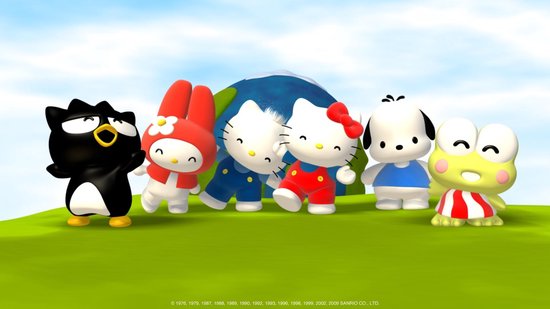 A 3D-rendered image of Sanrio characters standing together on a grassy hill with a bright blue sky in the background. From left to right: Badtz-Maru, My Melody, Dear Daniel, Hello Kitty, Pochacco, and Keroppi. They are all posing cheerfully, with some leaning toward the center. Hello Kitty and Dear Daniel hold hands, while My Melody and Badtz-Maru appear to be mid-conversation. The image has a playful and vibrant atmosphere.