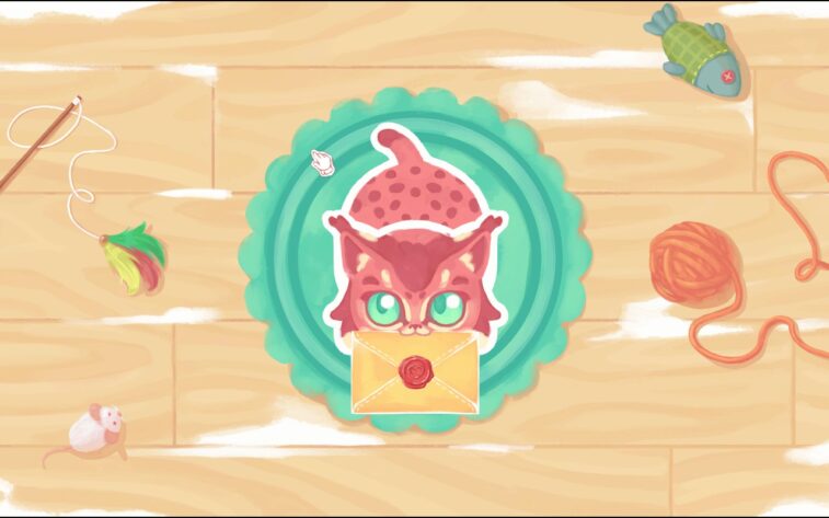 A playful red cat in Instants sits on a round teal mat, holding a sealed envelope with a heart-shaped wax seal. The wooden floor is scattered with cat toys, including a stuffed fish, a yarn ball, and a feathered toy. Published on: LadiesGamers.