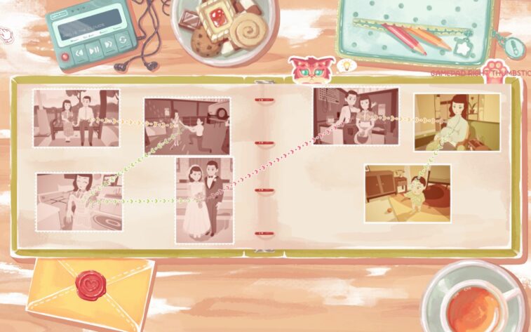 A puzzle screen in Instants, where old sepia-toned photographs of a couple’s memories are connected with colorful dotted lines. The nostalgic scrapbook setting is complemented by a cup of tea, stationery, and a sticker of the red cat mascot. Published on: LadiesGamers.