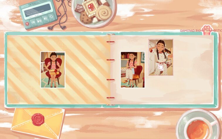 An open scrapbook in Instants, containing three photographs of a young girl in a red polka-dot outfit. The cozy desk setting includes a cassette player, cookies, and a cup of tea, reinforcing the nostalgic and warm atmosphere. Published on: LadiesGamers.