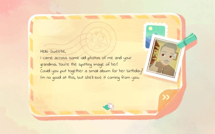A letter in Instants from a grandfather to his grandchild, requesting help in putting together a photo album for the grandmother’s birthday. The letter is written on a warm-toned envelope with a postage stamp of the red cat mascot and a small photograph of the grandfather giving a thumbs-up. Published on: LadiesGamers.