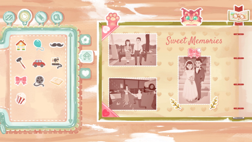 A scrapbook page in Instants titled "Sweet Memories," featuring three sepia-toned photographs of a couple’s life together, including a wedding photo adorned with decorative stickers. On the left, a selection of themed stickers such as a house, camera, and bow is available for customization. The cozy, nostalgic atmosphere is enhanced by the game's signature warm pastel aesthetic. Published on: LadiesGamers.