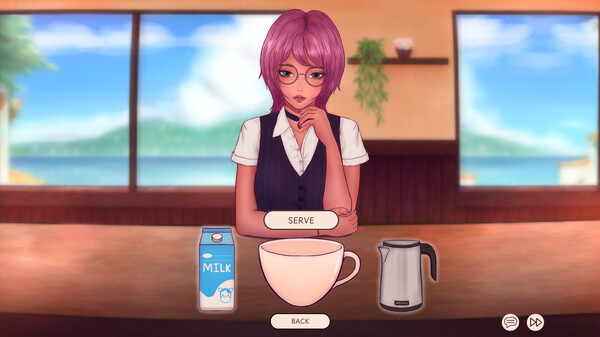 A young woman with short pink hair, glasses, and a thoughtful expression sits at a wooden counter in a cozy café with large windows overlooking a serene seaside view. In front of her is a cup, a milk carton, and a metal pitcher, suggesting a drink preparation sequence. The player is given the option to "Serve" or go "Back." The warm atmosphere and soft lighting enhance the relaxed and inviting mood of the scene. Published on: LadiesGamers.
