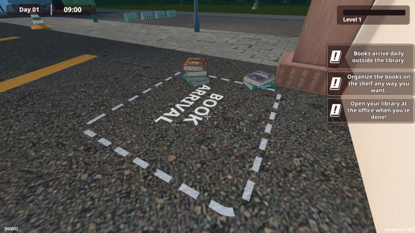 A bunch of books on the ground in the parking lot in LIBRITOPIA: Librarian Simulator.