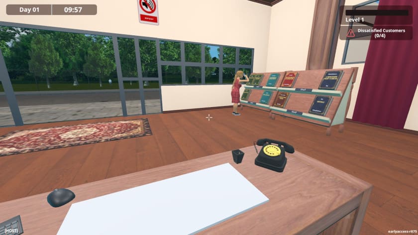 The view from the checkout counter in LIBRITOPIA: Librarian Simulator.