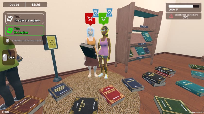 Two people wait for help in LIBRITOPIA: Librarian Simulator.