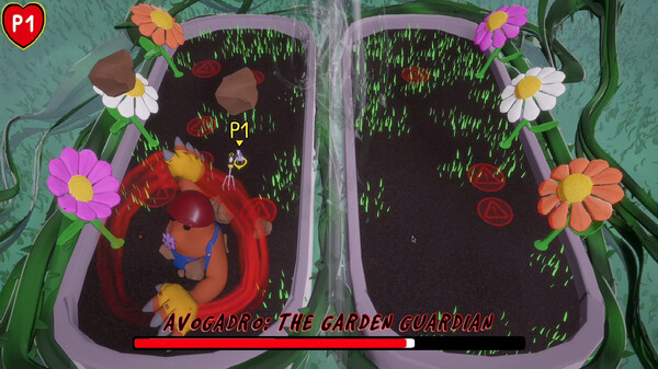 A boss battle in Mischief featuring "Avogadro: The Garden Guardian." The player character, marked as "P1," is engaged in combat with a large, red-hatted creature in a garden-themed arena. The battlefield consists of two soil beds decorated with colorful flowers, while rocks fall from above and red warning markers appear on the ground. A health bar for the boss is displayed at the bottom of the screen. Published on: LadiesGamers.