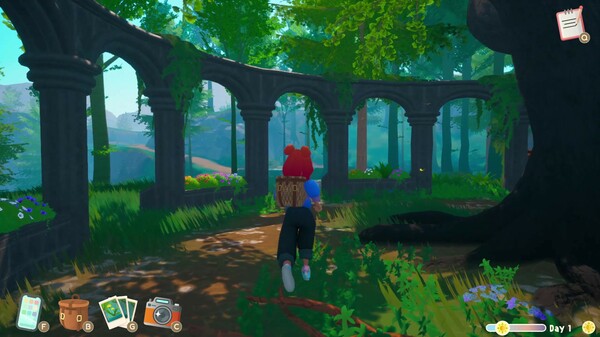 A character with red hair and a blue backpack runs through a lush, green forest in Out and About. They pass under ancient stone archways covered in vines, with dappled sunlight filtering through the trees. The scene is vibrant and peaceful, with wildflowers and dense foliage surrounding the path. The game's interface displays icons for inventory, a camera, and a journal, indicating an adventure-focused experience. Published on: LadiesGamers.