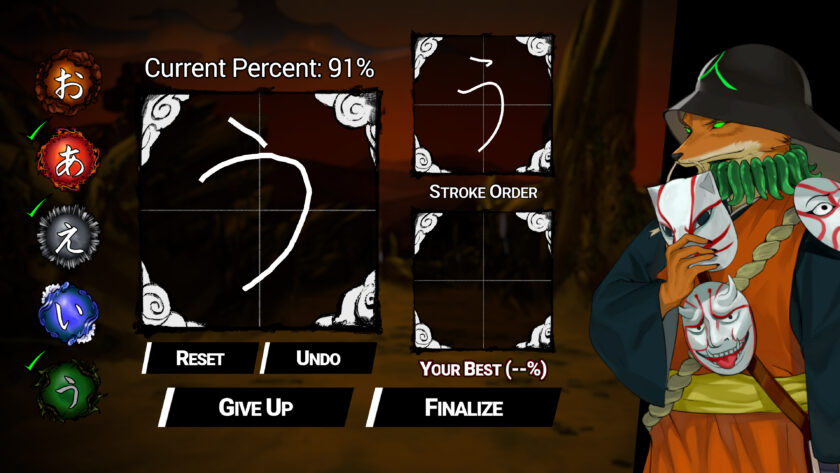 A fox teaches how to draw easy kanji.