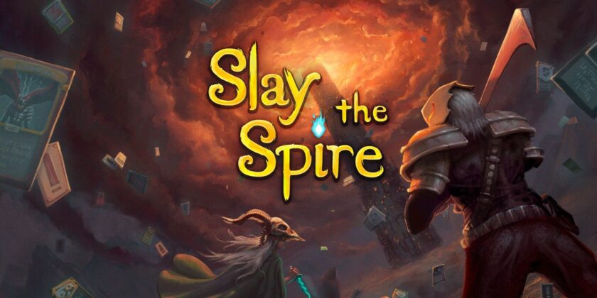 Promotional image for Slay the Spire, with characters surrounded by cards falling from a red sky at the top of a tower. Published on LadiesGamers