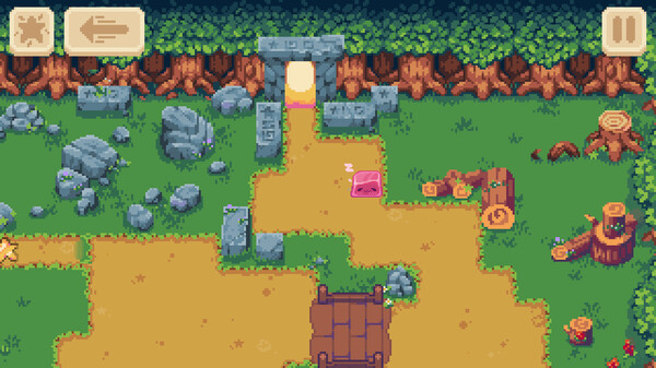 A pixel art scene from Slip n’ Slime shows a small pink slime character sleeping in the middle of a forest clearing. The environment is filled with lush greenery, scattered rocks, and wooden structures. A glowing doorway at the top suggests an entrance or exit, while various objects like crates, barrels, and tools hint at an interactive world. The HUD features simple navigation buttons in the corners. Published on: LadiesGamers.