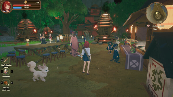 A village scene in Tales of Seikyu, where the red-haired protagonist walks through a lively marketplace filled with NPCs. A white fox-like creature accompanies them, while various stalls, wooden tables, and lantern-lit buildings create a warm, atmospheric setting. The game interface displays health, currency, and inventory items on the left, while a minimap in the top right corner indicates the current in-game time and season. Published on: LadiesGamers.