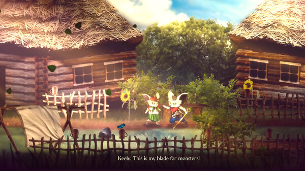 A picturesque village scene in The Little Brave, featuring two small anthropomorphic characters with large ears standing near a wooden fence. One character wields a sword, confidently declaring, "This is my blade for monsters!" The background showcases two cozy thatched-roof cottages, lush greenery, and sunflowers swaying gently. A bright blue butterfly flutters near a small pond, adding to the game's whimsical charm. Published on: LadiesGamers.