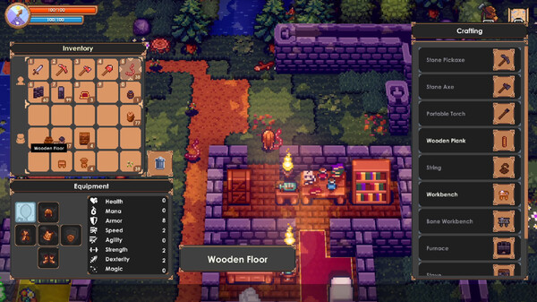 A cozy, pixel-art scene from Tinkertown, showing the player's character inside a small stone-walled house filled with furniture, bookshelves, and crafting stations. The interface displays the inventory, equipment stats, and crafting menu, with options like a workbench and wooden planks available. The outdoor environment features a dirt path leading to a forested area with a small stream. Warm lighting from torches adds to the inviting atmosphere. Published on: LadiesGamers.