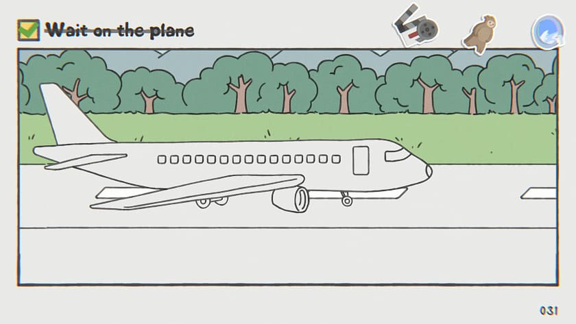 An airplane landing in While Waiting.