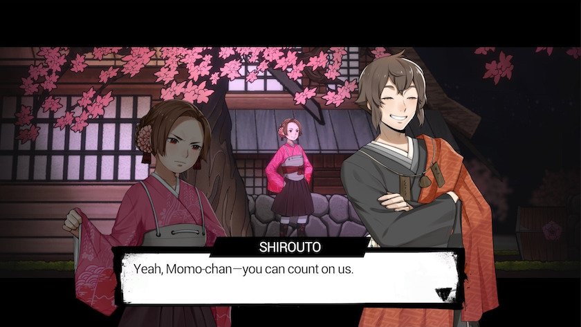Sister Momoku , in peach kimono, gives Shu's friend a look as he assures her her brother will be safe.