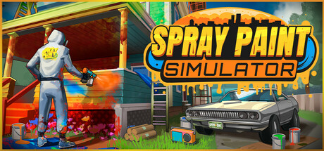An illustration for Spray Paint Simulator features a character in a white hazmat suit with a hood and gloves, holding a spray paint gun while painting a wooden house in vibrant colors. Various paint cans and tools are scattered around. To the right, a classic muscle car is parked with a few paint supplies nearby. The game's title, "Spray Paint Simulator," is displayed in bold, graffiti-style lettering with a dripping paint effect. The background showcases a bright, stylized suburban setting. Published on: LadiesGamers.