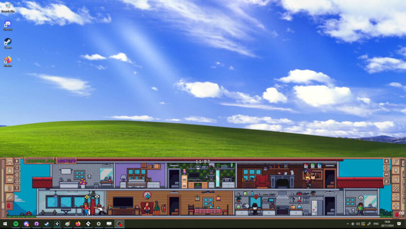 a windows desktop with a busy pixel house interior on the bottom of the screen