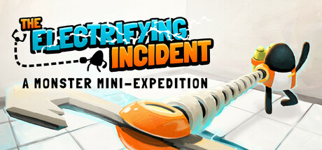 An image from The Electrifying Incident shows a small black creature with an orange harness gripping a large, metallic plug attached to an oversized wrench. The creature appears to be pulling the plug with effort, its legs braced against a white-tiled floor. The game's title, "The Electrifying Incident," is displayed in bold, stylized text with electric blue highlights, and the subtitle reads, "A Monster Mini-Expedition." The scene has a playful, cartoonish art style with a mix of mechanical and organic elements. Published on: LadiesGamers.