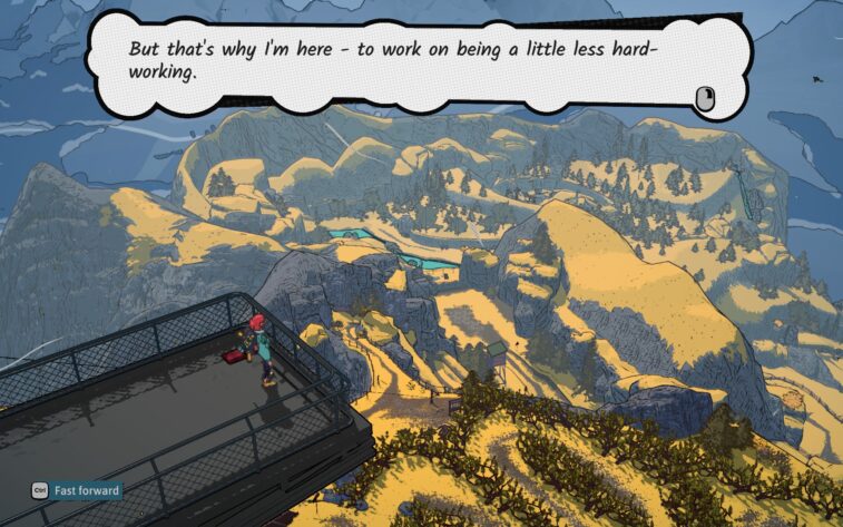 A red headed woman in front of a mountain filled landspace
