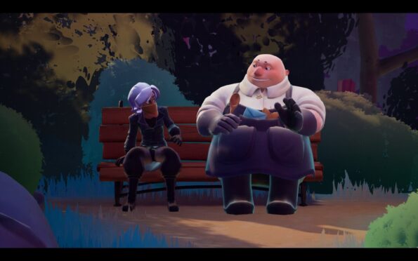 a white-haired woman and a bald man sitting on a bench in the woods