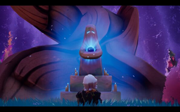 A white-haired woman in front of a glowing shrine.