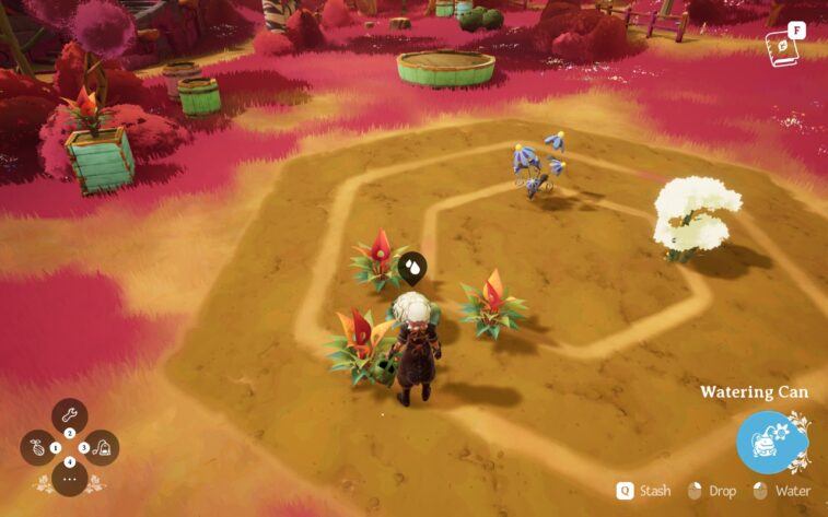 on a yellow-pink field a white-haired woman is planting seeds