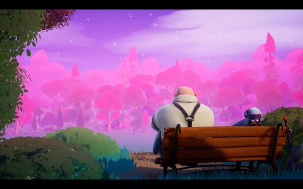 A white-haired woman and a bald man sitting on a bench overlooking pink woods and purple sky