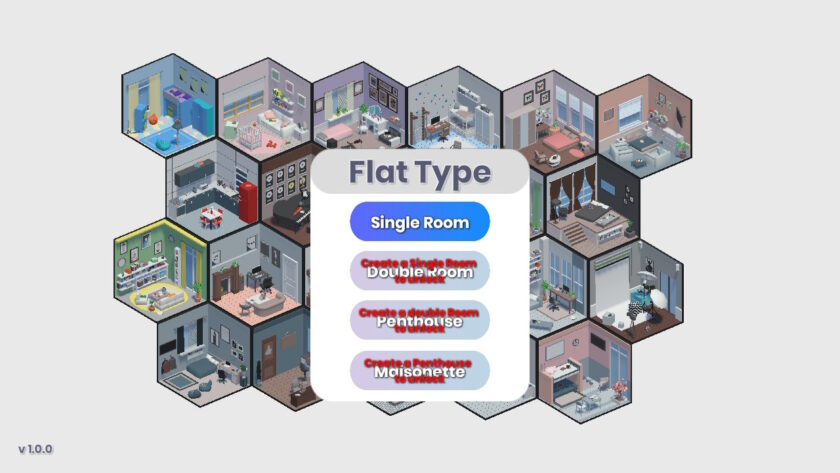 An image from Home Deco Builder showing the main screen with a menu. The menu says "flat type" and then four options. The first is highlighted blue and says "single room". The rest of the options are in red text as unselectable.