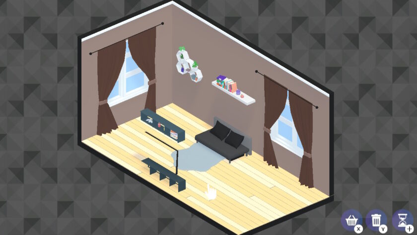 An image from Home Deco Builder showing a double room that has been decorated. The windows are decorated with brown curtains with tie backs and white shelves adorn the walls. There is a black sofa with a grey rug and a television.