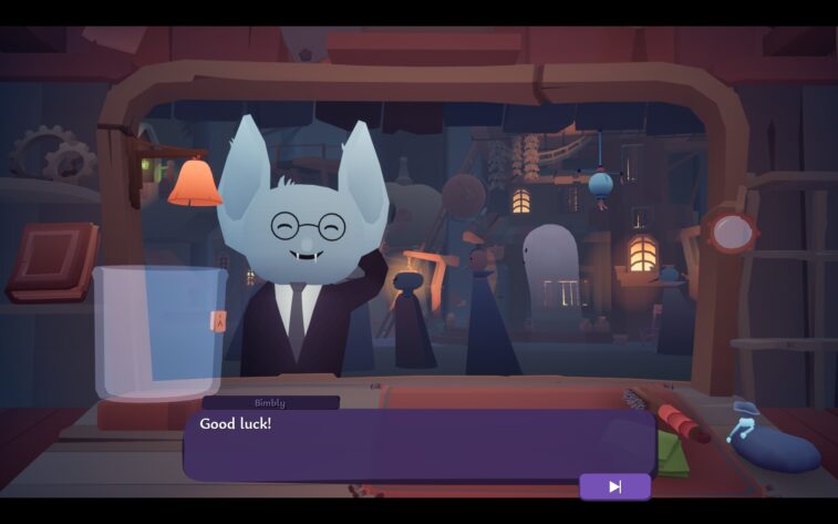 a blue goblin on a dark town background