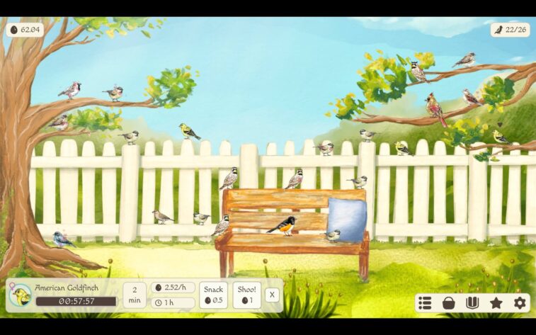 a lot of birds on a backyard scene with a bench and a blue sky