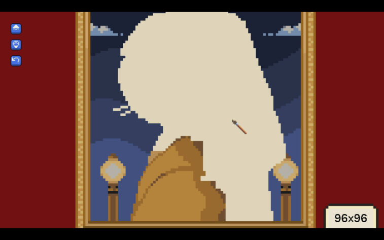 A grid with a painting, almost done with blue background and a missing face