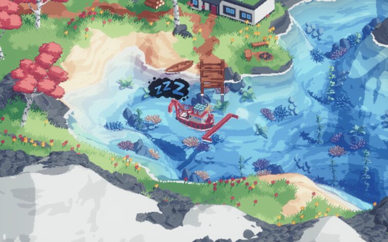 blue clear water with green coasts and a red boat 