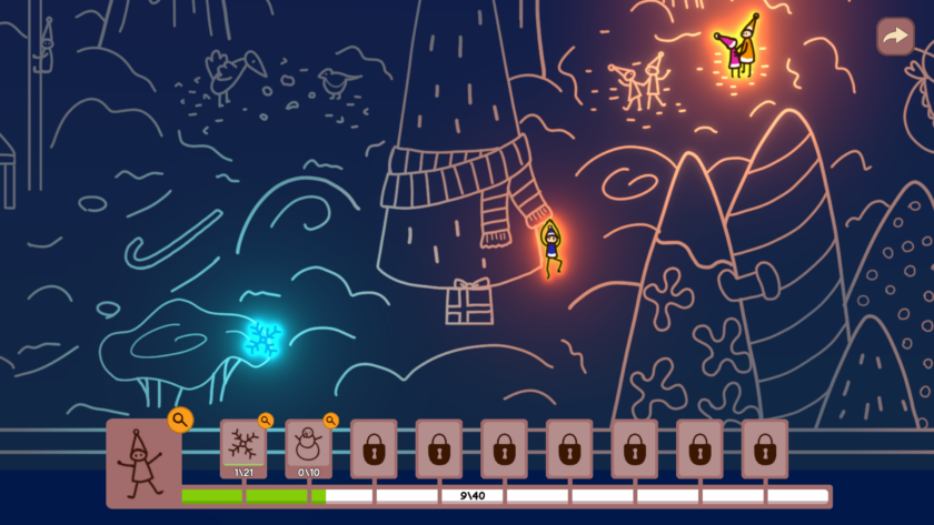 An image from "Hidden Winter Things" showing a winter scene with a Christmas tree with a decorative scarf. Some of the scene elements are bathed in neon light with a list of items to find on the bottom of the screen.