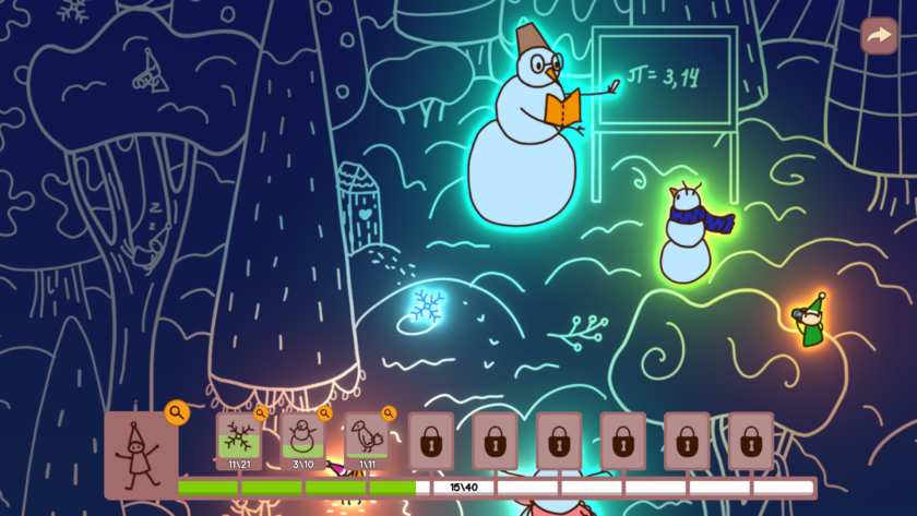 An image from "Hidden Winter Things" showing a winter scene with a Snowman reading a book highlighted in neon.