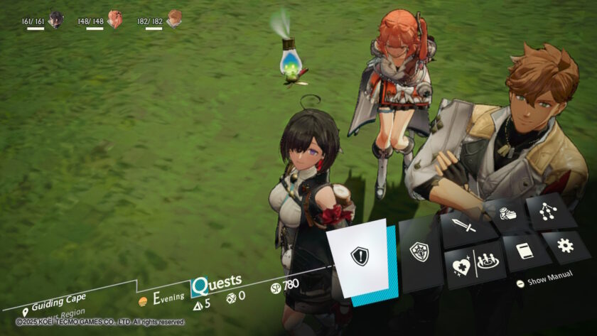 The party menu is open, displaying three characters standing on a grassy field. The protagonist, Yumia, is in the center, with Isla and another male companion beside her. The interface highlights the "Quests" tab, showing the time as evening and current progress. Published on: LadiesGamers.