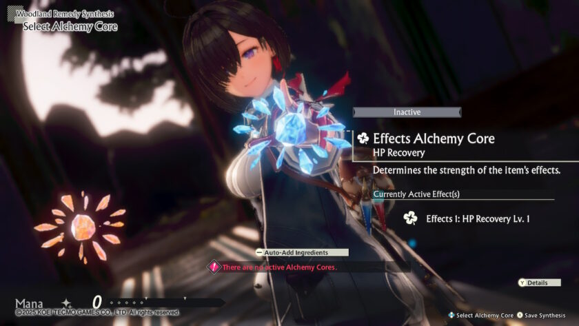 A character with short black hair and a confident smile holds a glowing blue alchemy core in her hand. The interface displays options for selecting an Alchemy Core, with an inactive HP Recovery effect. The background features a blurred outdoor setting. Published on: LadiesGamers.