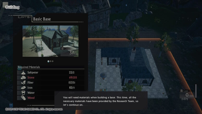 A base-building interface in Atelier Yumia shows a "Basic Base" with a preview image of a house. The list of required materials includes saltpeter, stone, fiber, iron, water, and wood, with some materials lacking. A message at the bottom guides the player through the process. Published on: LadiesGamers.