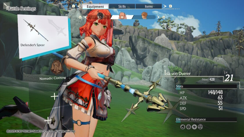A red-haired character named Isla von Duerer is displayed in the equipment menu, holding a Defender’s Spear. The interface shows her stats, level, and gear, with a lush outdoor environment in the background. Published on: LadiesGamers