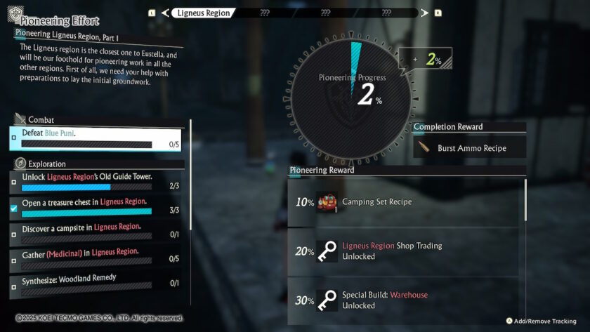 A quest progression screen for "Pioneering Effort" in the Ligneus Region shows tasks like defeating Blue Puni, unlocking guide towers, and gathering materials. The progress bar indicates 2% completion, with rewards such as new recipes and shop trading unlocks. Published on: LadiesGamers.