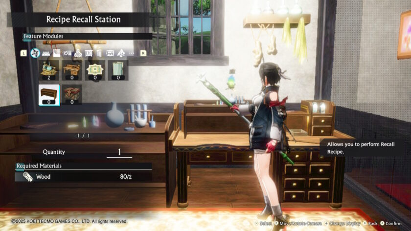 Yumia stands in a cozy alchemy workshop, selecting a "Recipe Recall Station" to craft. The interface lists various feature modules and required materials like wood. The room has shelves with alchemy tools and ingredients. Published on: LadiesGamers.