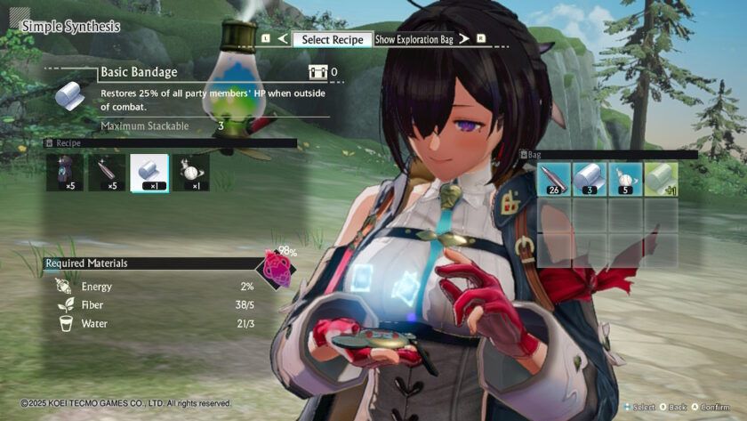 Yumia, dressed in alchemist attire, holds a glowing alchemy device while selecting a recipe for a "Basic Bandage" that restores HP. The interface displays required materials like fiber and water. The outdoor background features lush greenery. Published on: LadiesGamers.