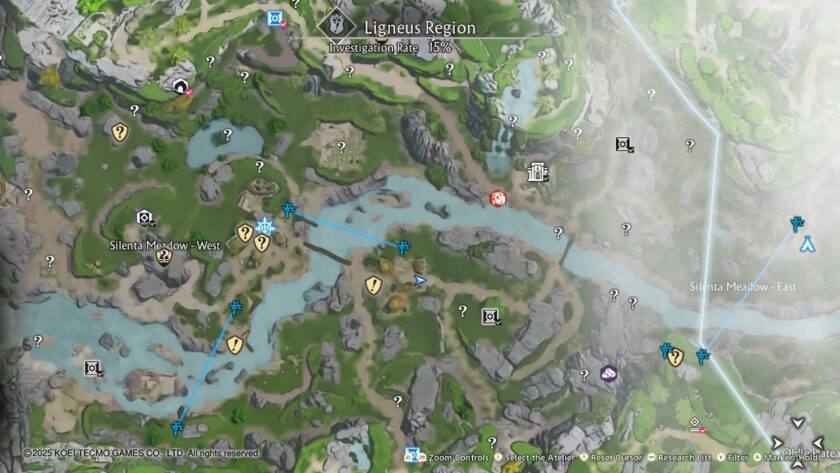 A detailed world map of the Ligneus Region displays various icons, including question marks, blue markers, and exploration points. Rivers and pathways connect different locations, with an investigation rate of 15%. Published on: LadiesGamers.