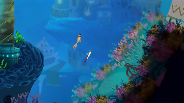 Screenshot from the game Bahamut. The scene depicts an underwater environment filled with vibrant coral reefs in shades of pink, purple, and green. Two human characters swim gracefully through the clear blue ocean, surrounded by schools of small fish. In the background, large, shadowy underwater structures resembling ancient ruins or a sunken city loom faintly. The overall atmosphere is serene and mystical, with beams of light filtering down from the water’s surface. Published on: LadiesGamers.