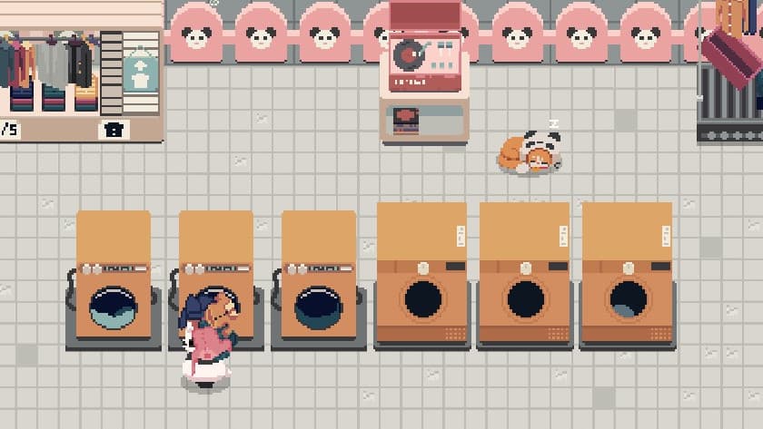 Orange washers and dryers in Bao Bao's Cozy Laundromat.