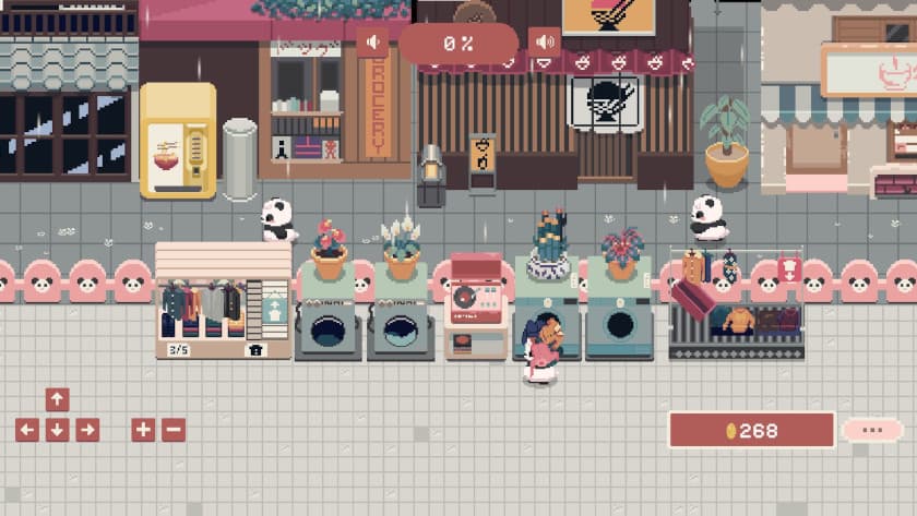A small laundry setup with green washers and dryers in Bao Bao's Cozy Laundromat.